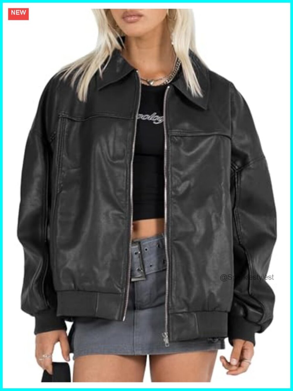 Faux Leather Oversized Bomber Jacket Women's Boyfriend Motorcycle Zip